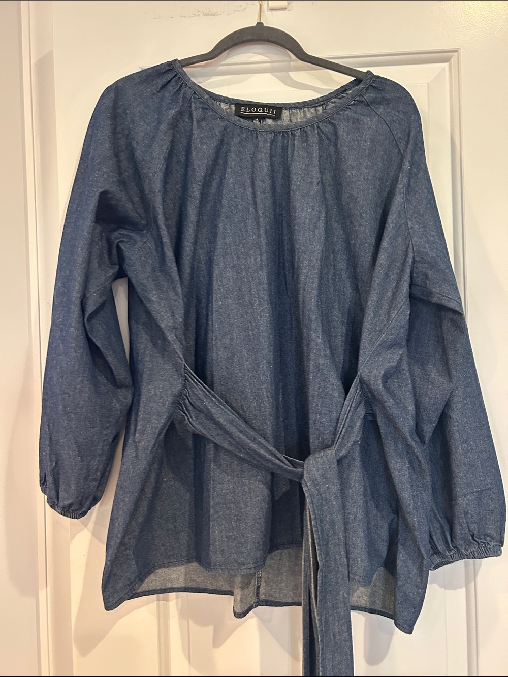 Eloquii Denim-Effect Tie-Front Long Sleeve Tunic in Blue